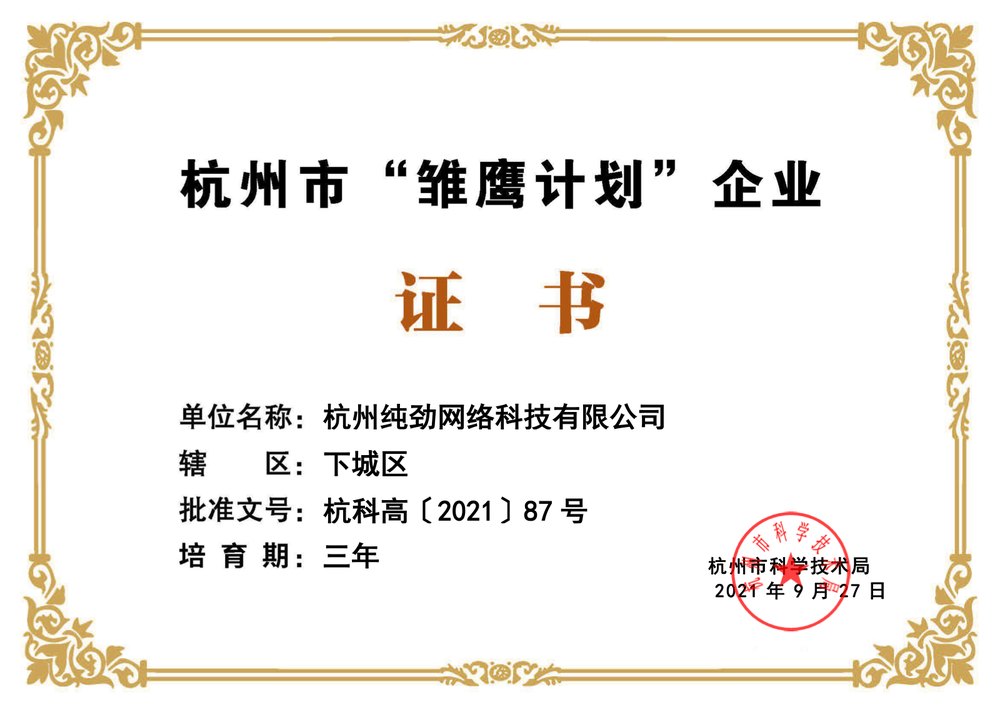 杭州市雏鹰计划企业证书